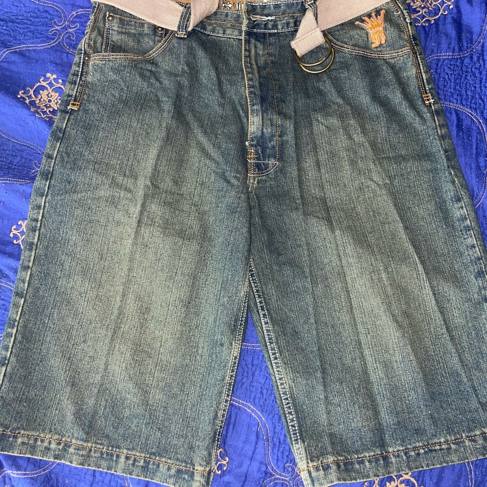 Blue Jean Shorts with Distressed Raw Hem